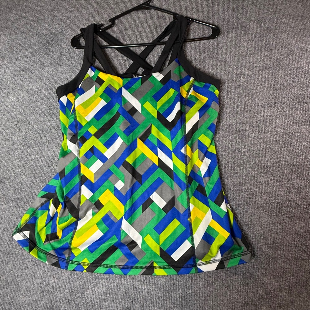 Xersion Womens XL Geometric Print Strappy Back Fitted Activewear Tank Top Multi